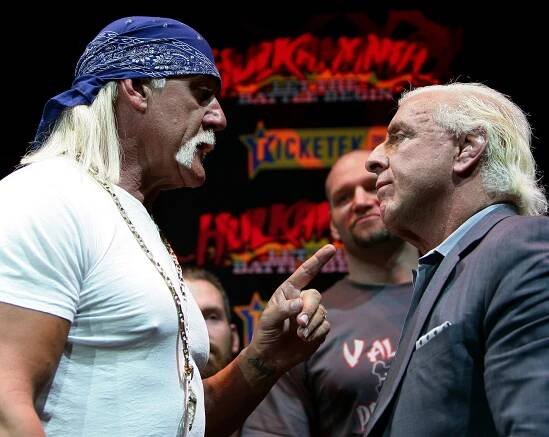 Hulk Hogan and Ric Flair become involved in an altercation during a press conference for 'Hulkamania - Let The Battle Begin' at Star City on November 18, 2009 in Sydney, Australia. | Source: Getty Images