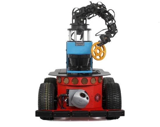 A robot with four wheels on it's red base, which holds a smaller blue base attached to a robotic arm which is gripping a segmented circle.