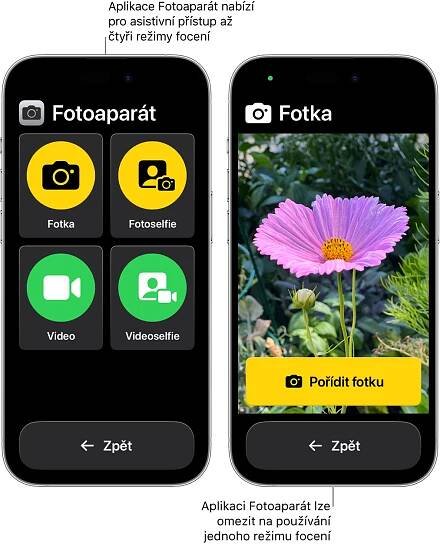 Displeje dvou iPhonů v režimu asistivního přístupu. Na prvním iPhonu je vidět aplikace Fotoaparát s režimy, které si uživatel může vybrat, například Video nebo Selfie. Na druhém iPhonu je zobrazená aplikace Fotoaparát s jediným režimem pro pořizování fotek.