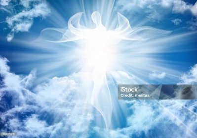 Ilustrace abstraktní bílý anděl. Nebeské mraky s jasnými světelnými paprsky - Bez autorských poplatků Anděl Stock fotka