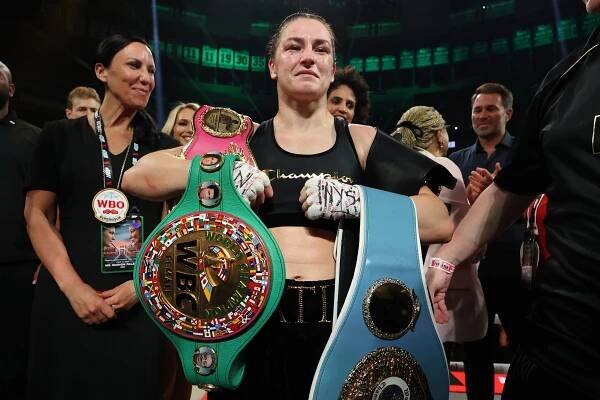 NEW YORK, NEW YORK - JULY 11: Katie Taylor celebrates after defeating Amanda Serrano by a majority decision in their undisputed IBF, WBA, WBC, WBO, and Ring super lightweight championship bout during Netflix's Katie Taylor vs Amanda Serrano 3 at Madison Square Garden on July 11, 2025 in New York City. (Photo by Al Bello/Getty Images for Netflix)
