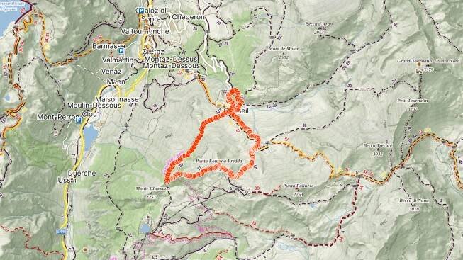 Mapa výletu na vrchol Punta Fontana Fredda v Itálii