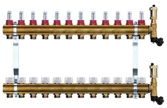 rozdělovač topení Deltatop Rozdělovač mosazný s automatickým odvzdušněním HKV-D 10, 1", pro 10 okruhů (620 mm) 504510