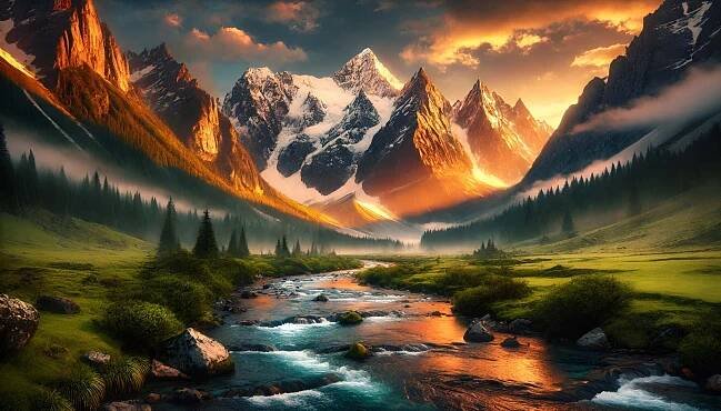 Mountain Landscape At Sunrise, With Golden Light And A Peaceful River Wallpaper