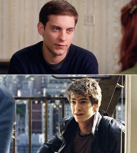Tobey and Andrew looking serious as Peter