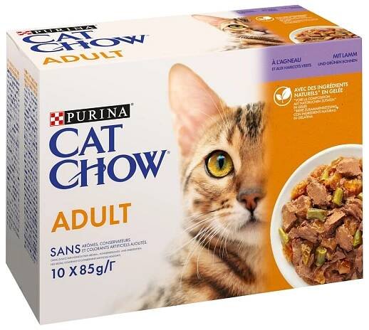 PURINA CAT CHOW Adult Multipack s jehněčím masem a zelenými fazolkami v želé 10x85 g | Fera24.cz