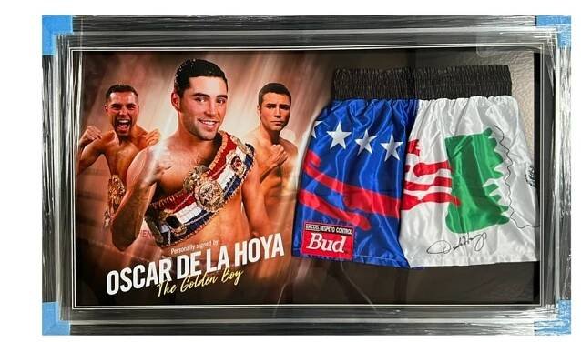 Framed Oscar De La Hoya  Hand Signed Golden Boy Fight Replica Trunks/Shorts