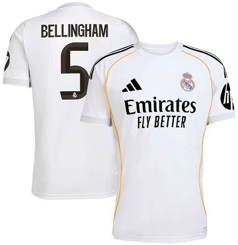 Real Madrid adidas Home Shirt 2025-26 with Bellingham 5 printing