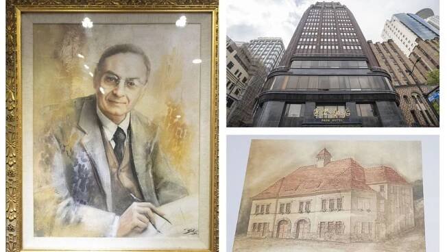 Ladislav Hudec. Vpravo hore Park Hotel v Šanghaji, vpravo dole návrh hasičskej zbrojnice v Kremnici.