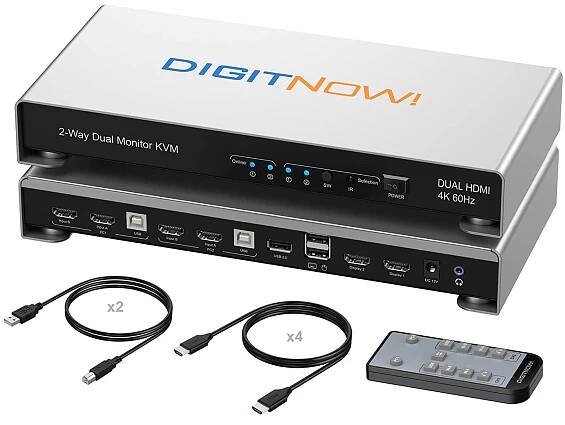 KVM Switch 2 Monitors 2 Computers, UHD 4K@60Hz KVM Switch HDMI 2 Port, Extended Display KVM Switches with 3 USB Ports, L/R Audio, Remote & Hotkey & Button Switching PC, Support EDID