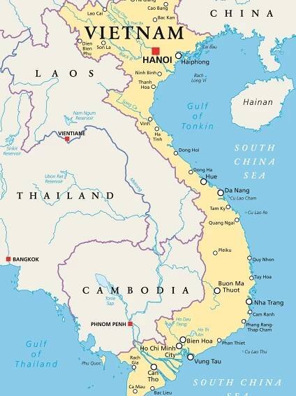 Map of Vietnam Highlighting Major Cities and Bordering Countries