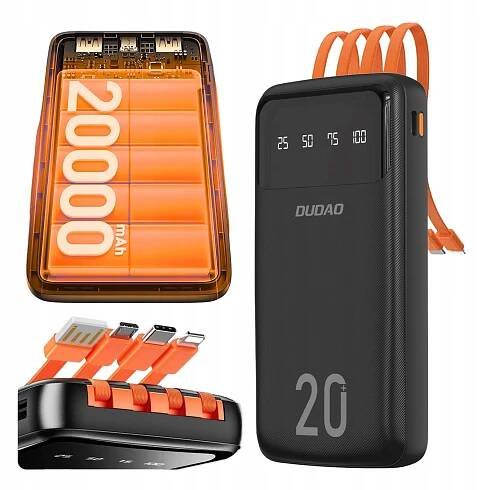 POWERBANKA 20000 mAh S 3 VESTAVĚNÝMI KABELY USB C USB LIGHTNING