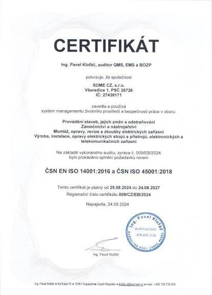 Certifikát ČSN EN ISO 14001, ČSN ISO 45001