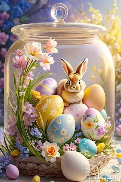 a painting of an easter bunny in a jar with eggs and flowers on the ground