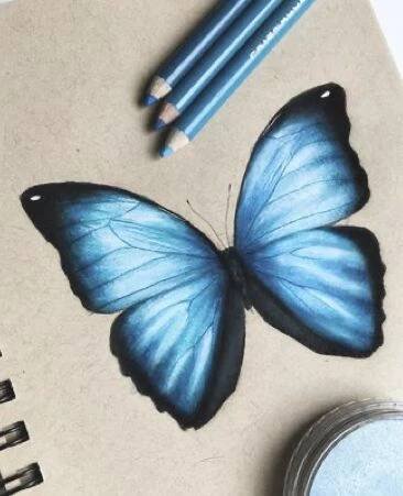 a blue butterfly sitting on top of a notebook next to two pencils and a cup