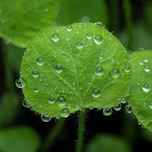 Another handheld stack of a single clover leaf with 2x magnification at 90mm (9 images). The leaves are newly sprouting from the clover planted in the front yard. A misty rain stuck dew drops directly to the leaves which shined like tiny stars. I did
