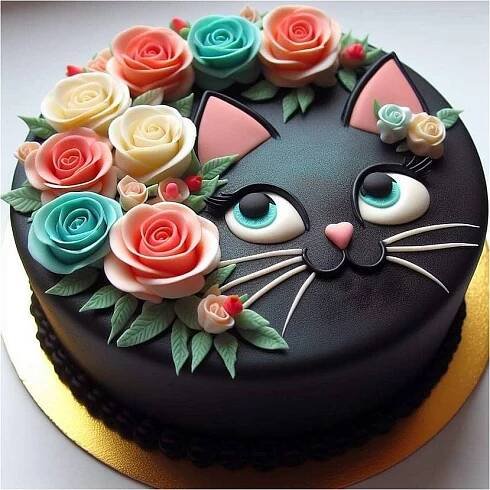 a cake decorated with flowers and a cat's face