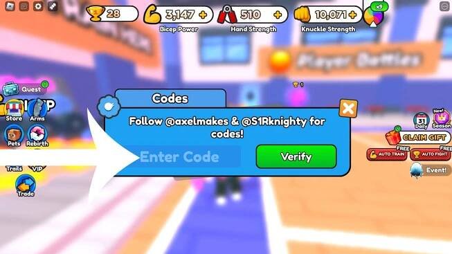 Arrow pointing at the codes screen in Roblox game Arm Wrestle Simulator.