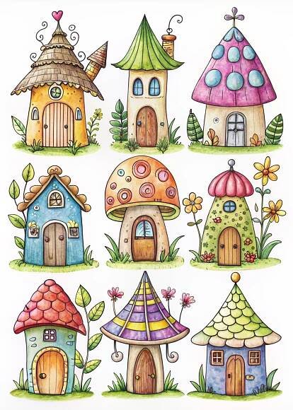 Colorful Cartoon Houses with Mushroom