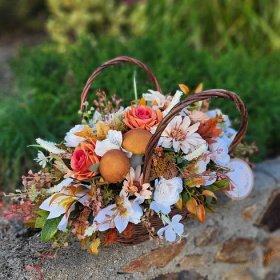 Podzimní dekorace - Koš s houbičkami v přírodních tónech