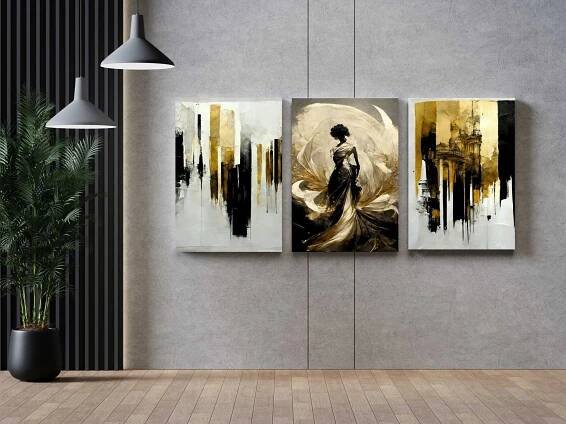 Elegantní Obrazy na plátně Triptych Glamour Zlato Černá Abstrakce 60x120 Stav balení originální