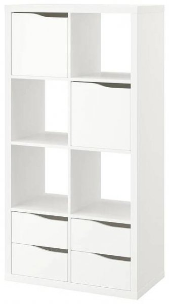 KALLAX Shelving unit, with 2 doors with 4 drawers/wave shaped white, 57 5/8x30 1/8 "