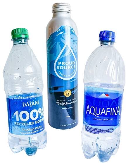 Dasani, Proud Source Spring Water, and Aquafina bottles