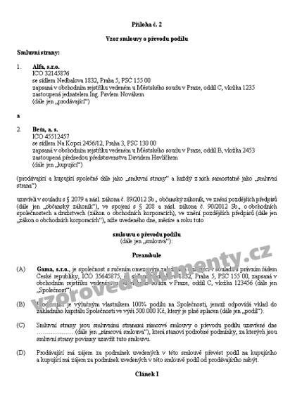 Smlouva o převodu obchodního podílu v s.r.o. - podrobná podle § 208 ZOK - vzor s výkladem | Vzory smluv, vzory plných mocí