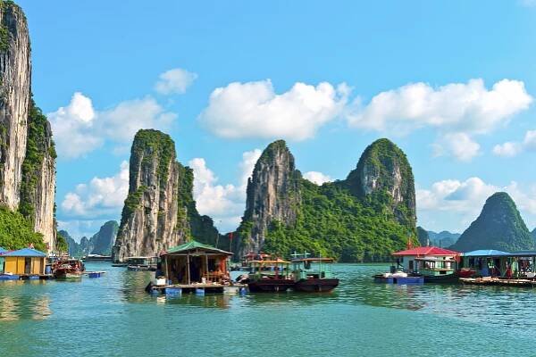 Floating village and rock islands in Halong Bay, Vietnam, Southeast Asia