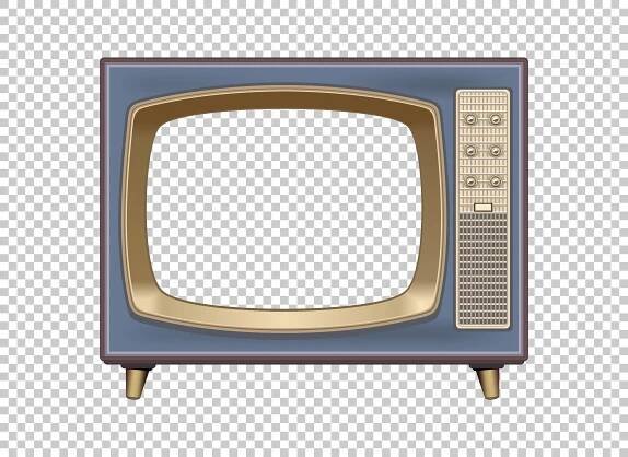 an old fashioned television set with no signal on the screen, it is blue and gold