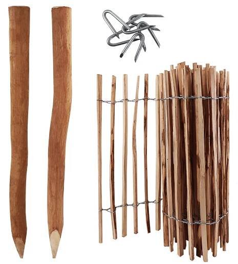 5m kompletní sada plotu z latěk 90 cm vysoká rozteč latěk 4-6 cm s 5 dřevěnými sloupky 1,5 m dlouhými a sponami