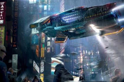 An airborne police vehicle hovers over the streets of Night City. Rain shatters off its armor while ranks of neon signs light it from above. Racks of chromed missiles hang underneath. A hooded figure lurks in the foreground.