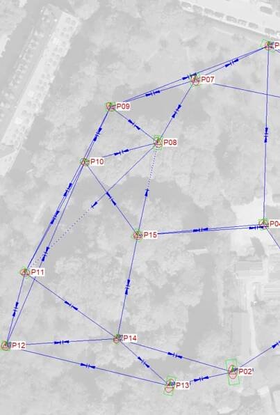 Referenzpunktfeld im Pasinger Klostergarten für verschiedene geodätische Aufgaben (Abbildung: Martin Lachenmayr)