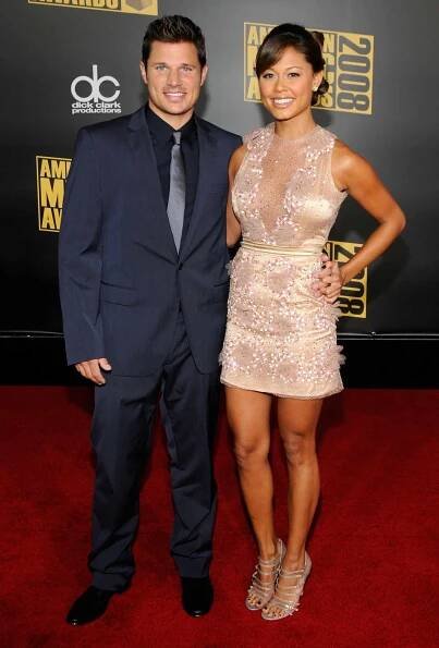Nick Lachey and TV Personality Vanessa Minnillo arrive at the 2008 American Music Awards held at Nokia Theatre L.A. LIVE on November 23, 2008 in Los Angeles, California