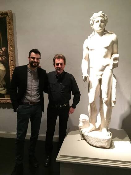 Gabriele Tinti (left), Joe Mantegna (center), and Hercules (right), in LACMA's galleries, photo courtesy of Lucy Redoglia