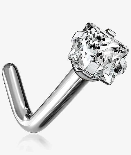 Zahnutý piercing do nosu - titan, čirý kamínek 2 mm