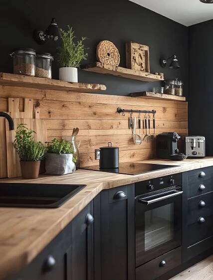 a kitchen with black cabinets and wooden shelves on the wall, along with potted plants