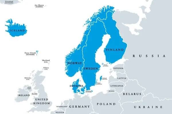 Skandinávie, politická mapa. Podoblast v severní Evropě, nejčastěji odkazující na Dánsko, Norsko a Švédsko, a obecněji také na Aland, Faerské ostrovy, Finsko a Island. Ilustrace. — Ilustrace