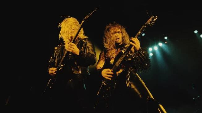 Slayer performs onstage, mid 1980s. Pictured are guitarists Jeff Hanneman (1964 - 2013) (left) and Kerry King