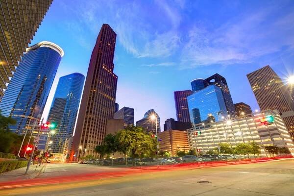 Stáhnout - Houston centra Panorama při západu slunce z jihu v Texasu nás Usa — Stock obrázek