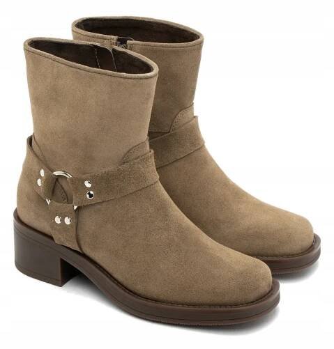 DÁMSKÉ KOTNÍKOVÉ BOTY BIKER BOOTS OLIVOVÉ NA PODPATKU Z KŮŽE ZATEPLENÉ RYŁKO 38 Původní obal výrobce krabice