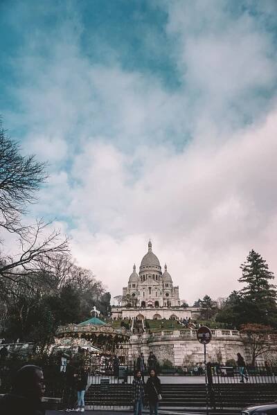 winter in paris, montmatre, france, view of the building, blue sky, christmas, winter