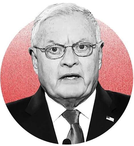 A black and white headshot of Keith Kellogg inside a red circle.