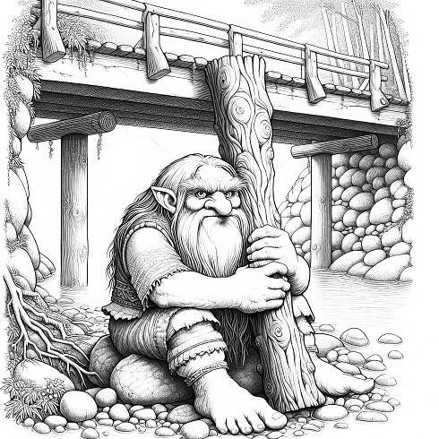 Troll sedí pod mostem a drží velkou dřevěnou kládu jako šablonu na malování (zdarma)