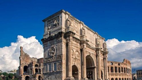 Arch of Constantine and The Colosseum at the Roman Forum in Rome, Italy