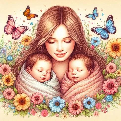 a woman holding two babys in her arms with butterflies around her and flowers all around her