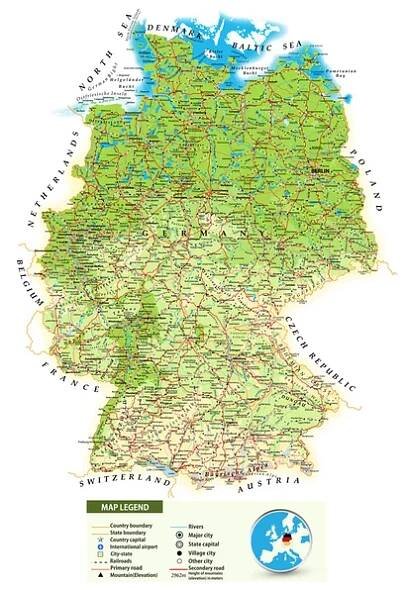 Velká detailní fyzické Mapa Německa — Ilustrace