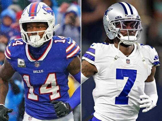 Stefon Diggs #14 of the Buffalo Bills during the game against the Indianapolis Colts at Highmark Stadium on November 21, 2021. ; Trevon Diggs #7 of the Dallas Cowboys warms up before a game against the Washington Football Team at AT&T Stadium on December 26, 2021. 