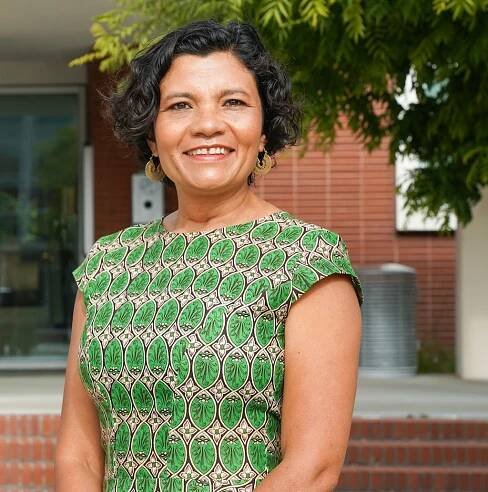 Smiling woman with short black hair, gold filigree earrings, wearing a green, white, and black patterned dress stands in front of a municipal building