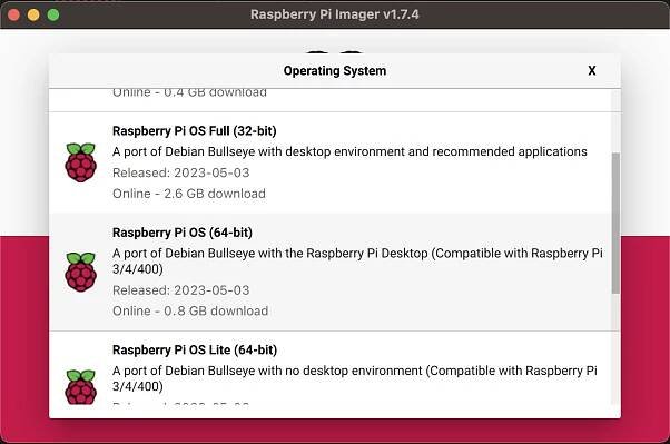 Raspberry Pi Imager Tool with the 64-bit version of Raspberry Pi OS